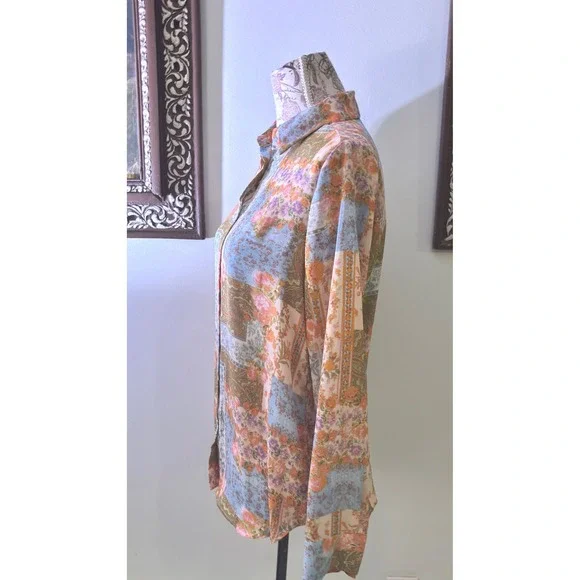 Vintage Patchwork Floral Paisley Button Up Shirt Long Sleeve Collared Blouse Top - Picture 8 of 9